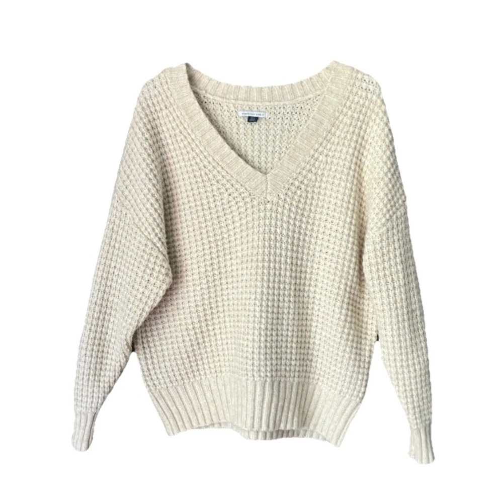 American Eagle Boxy Oversized Cropped V Neck Chunky Cream Color Knit Sweater S